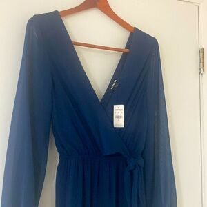NWT XS Express navy long sleeve jumpsuit v neck tie waist wideleg